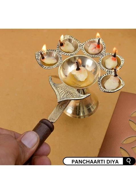 Sbbco Brass Panchmukhi Aarti Diya | Jyoti Oil Puja Lamp Table (Height: 3 Inch)