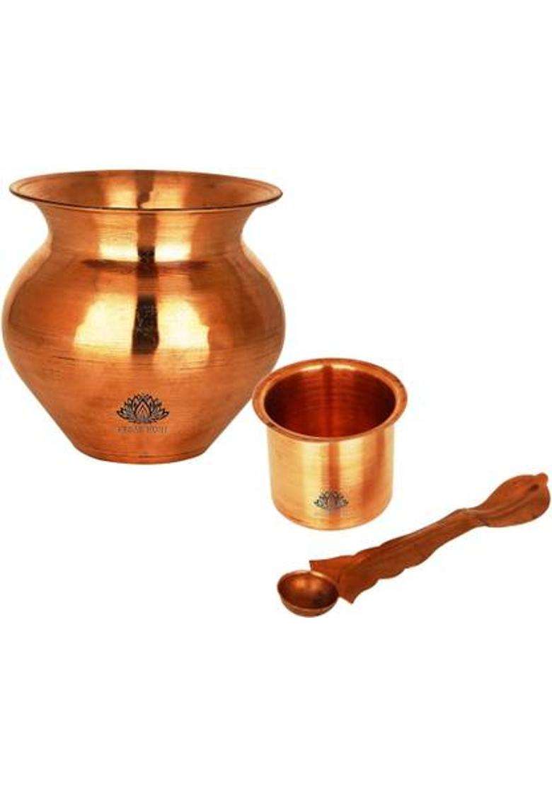 Navyaksh Copper Kalash Pooja Article With Panch Patra And Spoon (Brown) - Indya