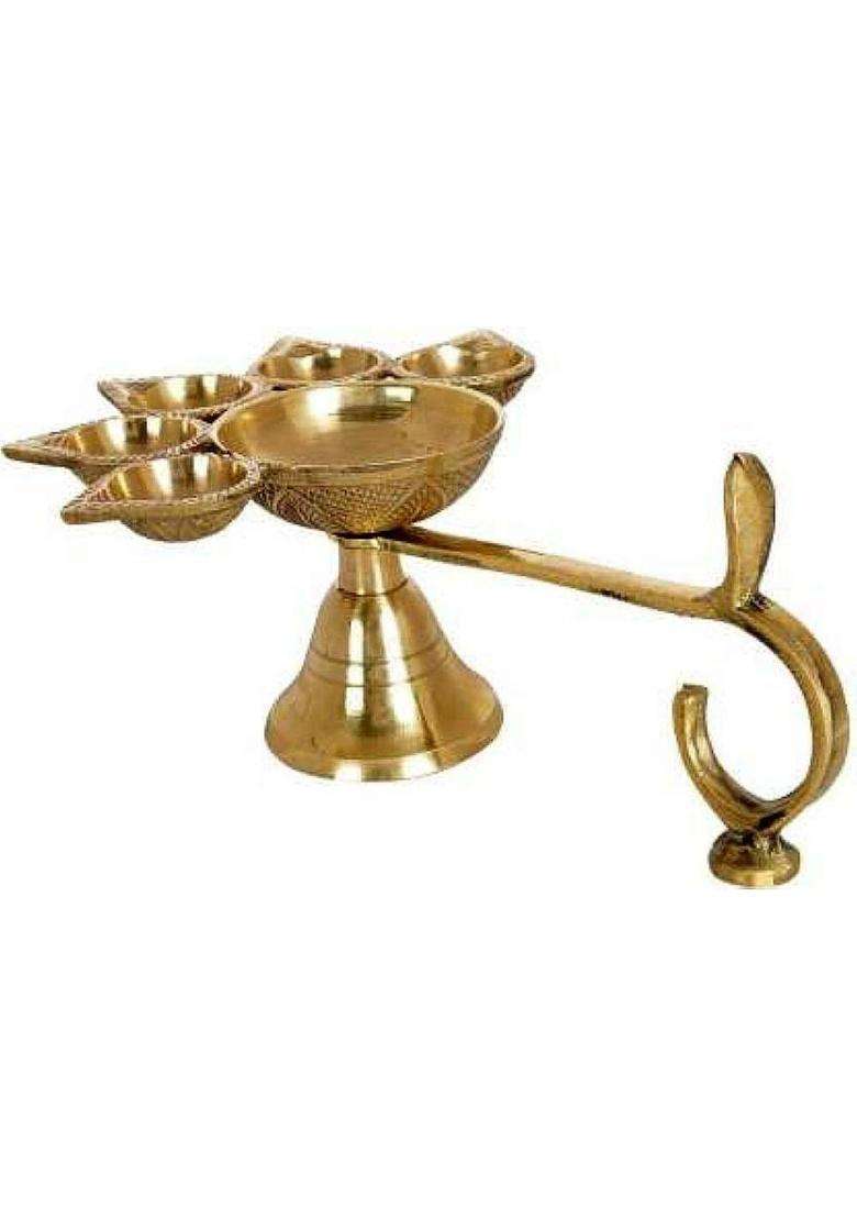 Anjaneya Enterprises Panch Aarti Diya/Puja Burner/5 Face Oil Lotus Lamp Jyoti/For Diwali Pooja And Festival Decoration/For Home Brass (Pack Of 3) Table Diya (Height 5 Inch) - Indya