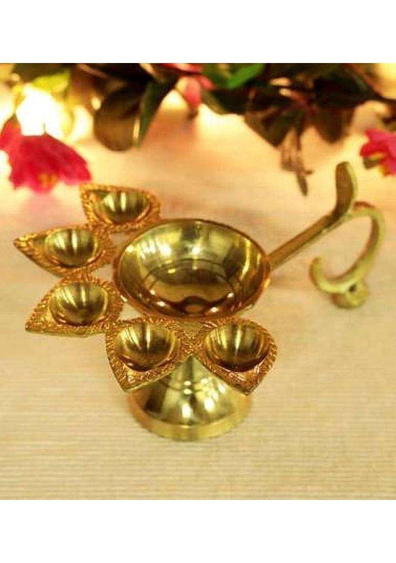 Anjaneya Enterprises Panch Aarti Diya/Puja Burner/5 Face Oil Lotus Lamp Jyoti/For Diwali Pooja And Festival Decoration/For Home Brass (Pack Of 3) Table Diya (Height 5 Inch) - Indya