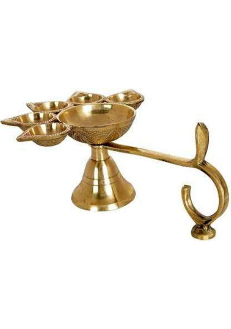 Anjaneya Enterprises Panch Aarti Diya/Puja Burner/5 Face Oil Lotus Lamp Jyoti/For Diwali Pooja And Festival Decoration/For Home Brass (Pack Of 3) Table Diya (Height 5 Inch) - Indya