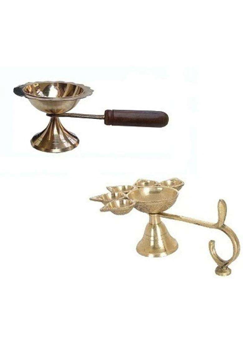 Anjaneya Enterprises Panch Aarti Diya/Puja Burner/5 Face Oil Lotus Lamp Jyoti/For Diwali Pooja And Festival Decoration/For Home Brass (Pack Of 3) Table Diya (Height 5 Inch) - Indya