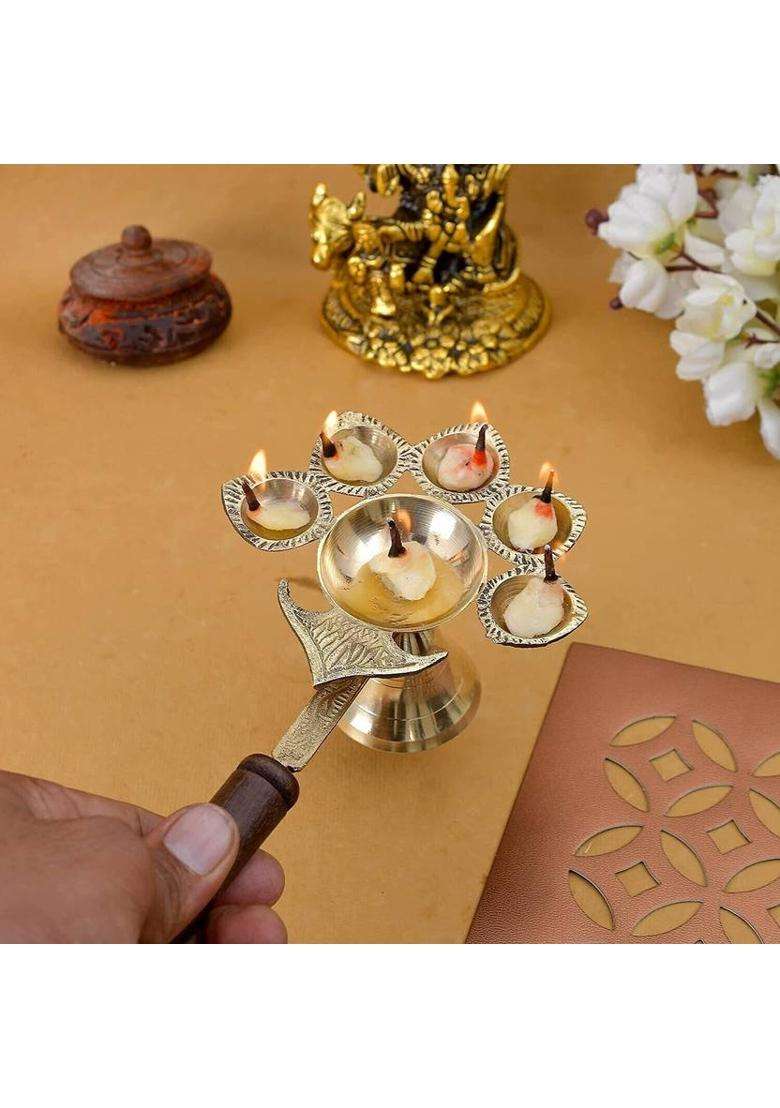 Sbbco Brass Panchmukhi Aarti Diya Jyoti Oil Puja Lamp Aarti Table (Height 3 Inch) - Indya