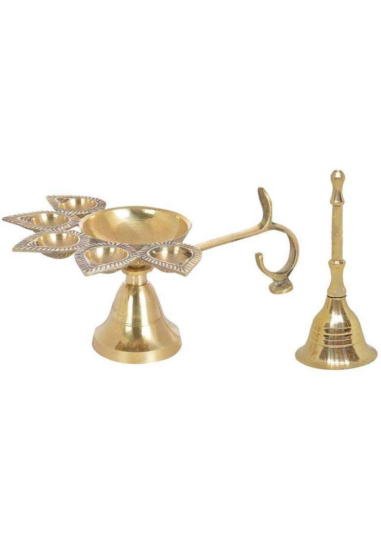 Set Of 2 Pcs Navyaksh Brass Hindu 5 Face Puja Burner Lamp Panch Aarti Jyoti Table Diya (Height 2.4 Inch) - Indya