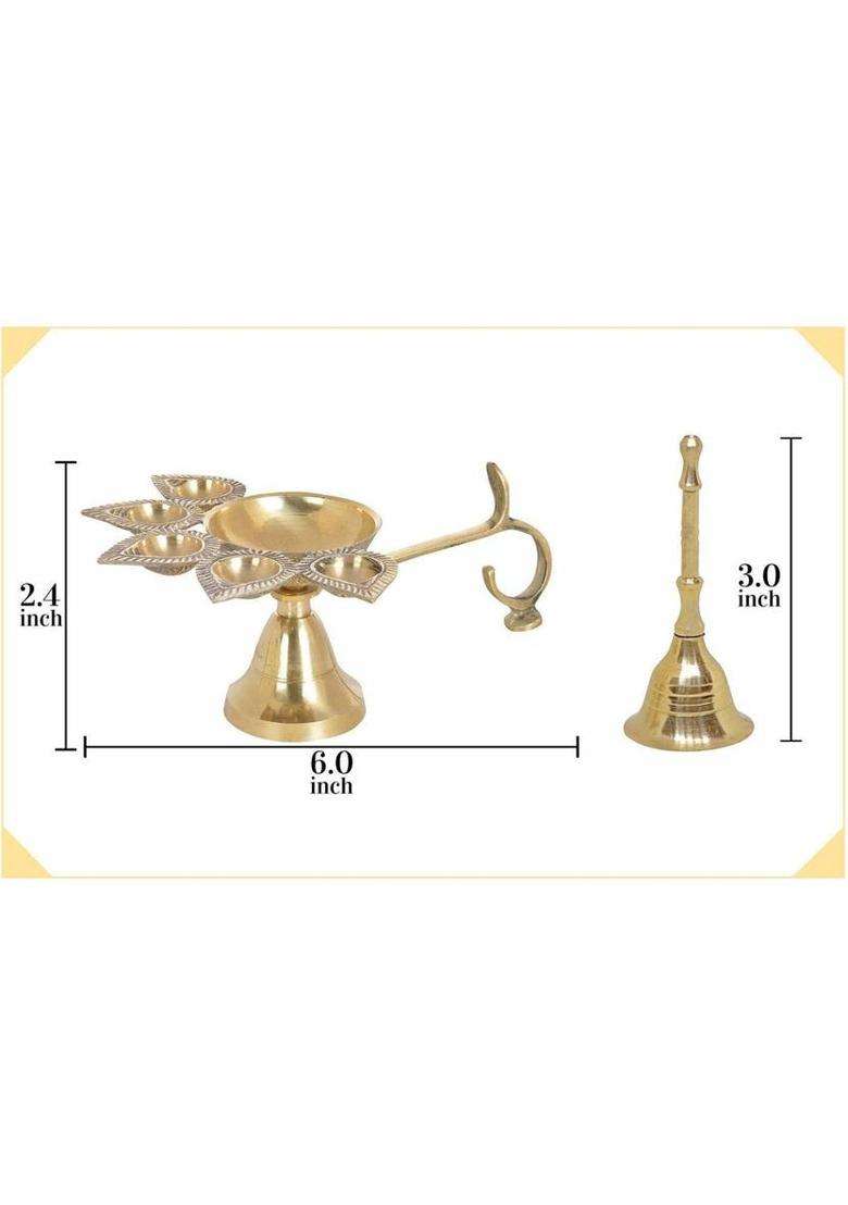 Set Of 2 Pcs Navyaksh Brass Hindu 5 Face Puja Burner Lamp Panch Aarti Jyoti Table Diya (Height 2.4 Inch) - Indya