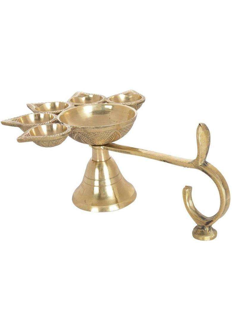 Set Of 2 Pcs Navyaksh Brass Hindu 5 Face Puja Burner Lamp Panch Aarti Jyoti Table Diya (Height 2.4 Inch) - Indya