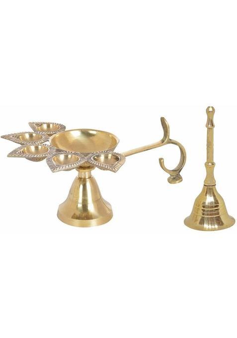 Set Of 2 Pcs Navyaksh Brass Hindu 5 Face Puja Burner Lamp Panch Aarti Jyoti Table Diya (Height: 2.4 Inch)