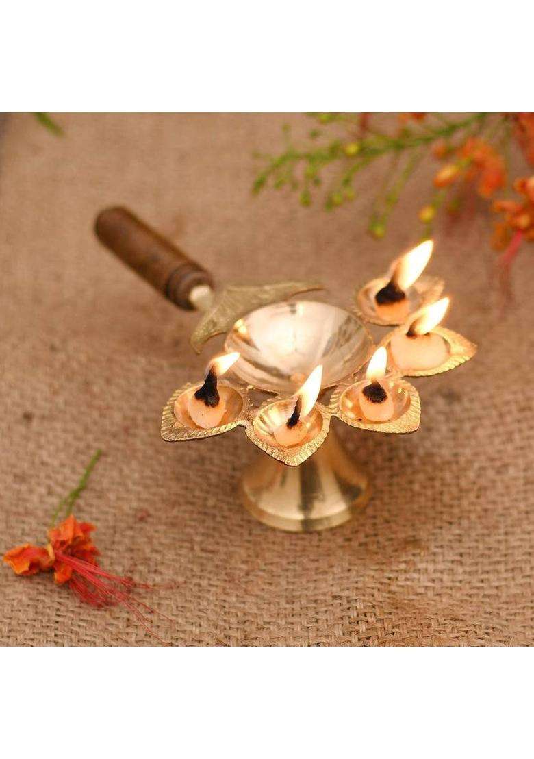 Diya Daridra Bhanjan Brass Panch AartiAarti With HandlePancharti DiyaPanch Aarti Table (Height 3 Inch) - Indya