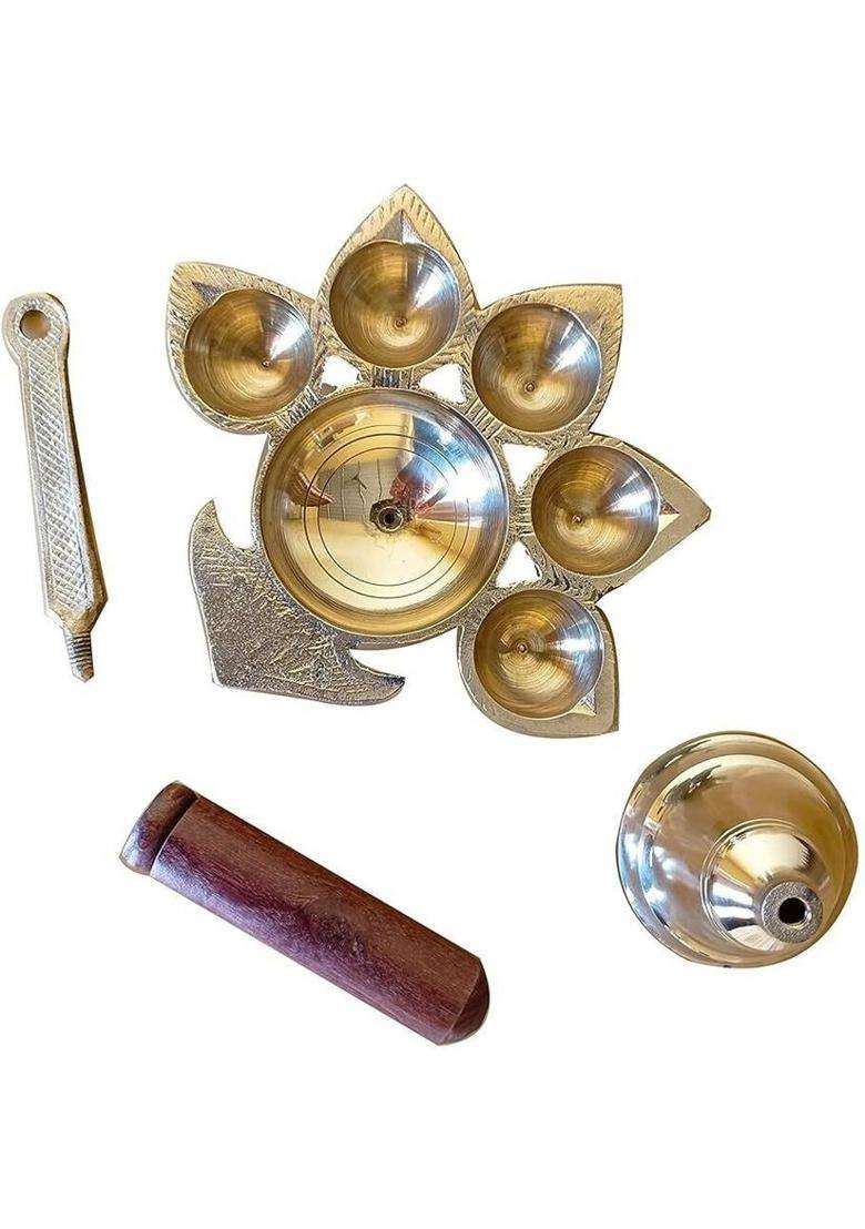 Sbbco Panch Arti Diya Pancharti Panchaarti Punch Mukhi Diya Deepak Brass Table (Height 3 Inch) - Indya