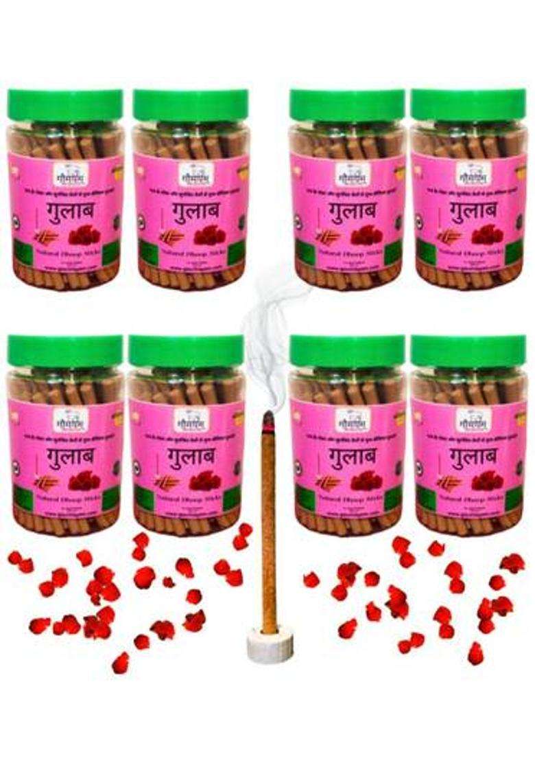 Each Packet Contains Total 800Gm Sticks Of Rose Premium Dhoop For Puja. Stick Is 3 In Length & Lasts Upto 30 Mins. Gaumayam Organic Herbal Natural Panchgavya Incense With Holder Bambooless Charcoal Free (800 G Set 8) - Indya