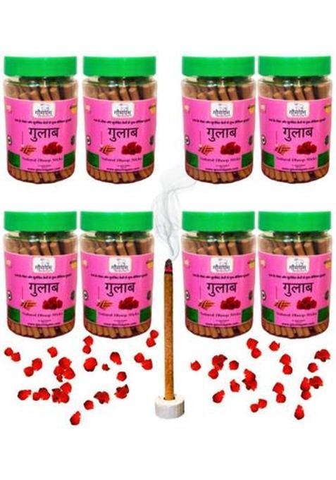 Each Packet Contains Total 800Gm Sticks Of Rose Premium Dhoop For Puja. Stick Is 3" In Length & Lasts Upto 30 Mins. Gaumayam Organic Herbal Natural Panchgavya Incense With Holder Bambooless Charcoal Free (800 G, Set 8)