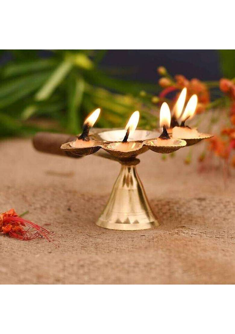Sbbco Panch Diya Aarti Diya Brass Table Panchmukhi Deepak Table (Height 3 Inch) - Indya