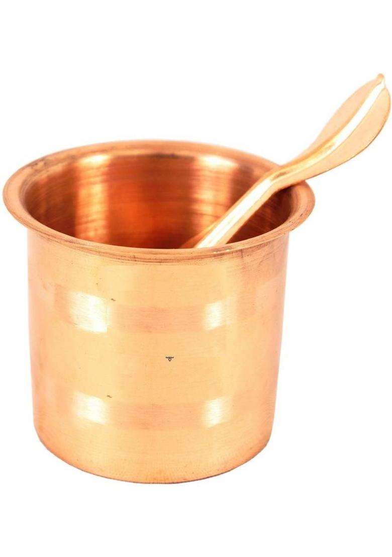 Copper Panch Paatra Glass With Spoon Indianartvilla Handmade Pure Workship - Home Temple Pooja Gift Item (2 Pieces Brown) - Indya