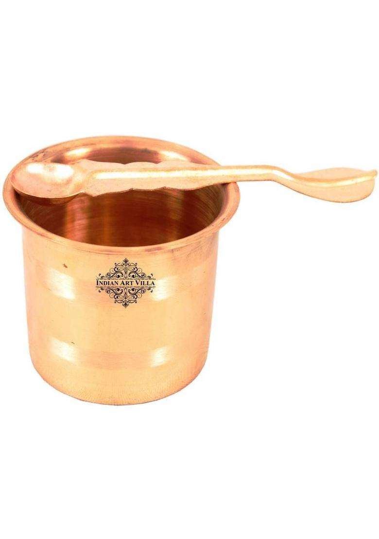 Copper Panch Paatra Glass With Spoon Indianartvilla Handmade Pure Workship - Home Temple Pooja Gift Item (2 Pieces Brown) - Indya