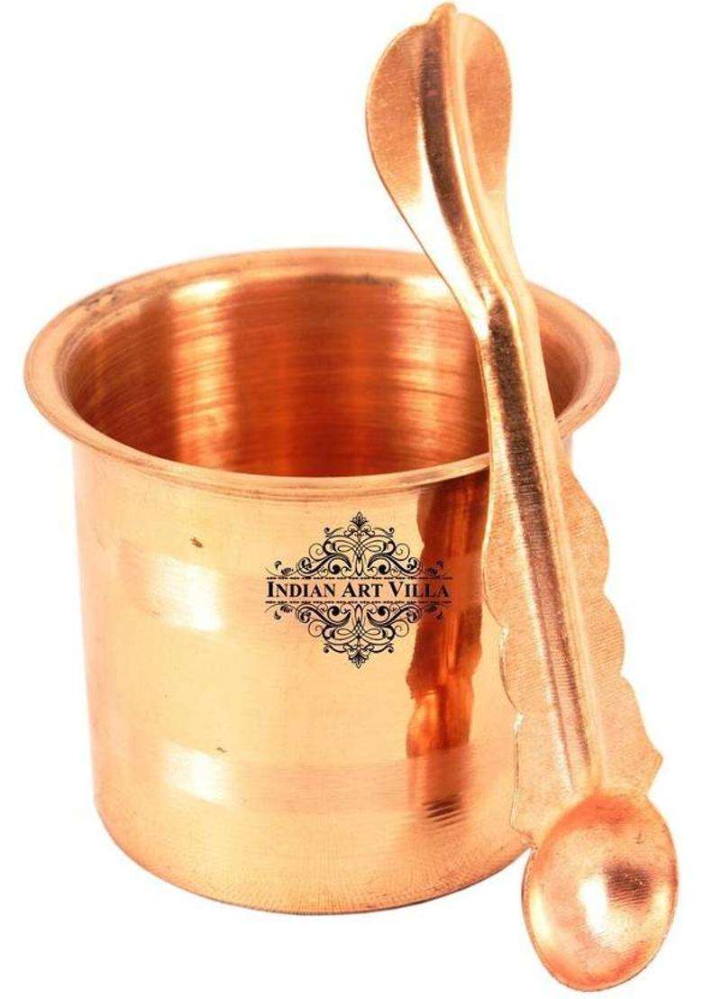 Copper Panch Paatra Glass With Spoon Indianartvilla Handmade Pure Workship - Home Temple Pooja Gift Item (2 Pieces Brown) - Indya