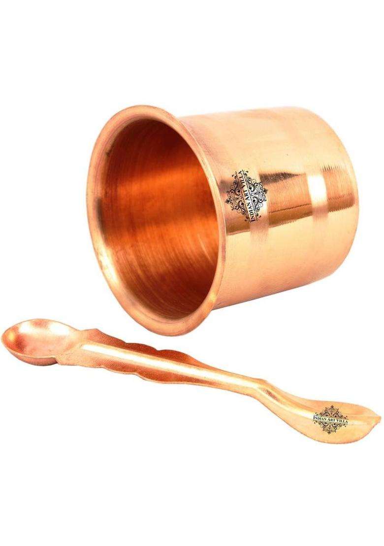 Copper Panch Paatra Glass With Spoon Indianartvilla Handmade Pure Workship - Home Temple Pooja Gift Item (2 Pieces Brown) - Indya