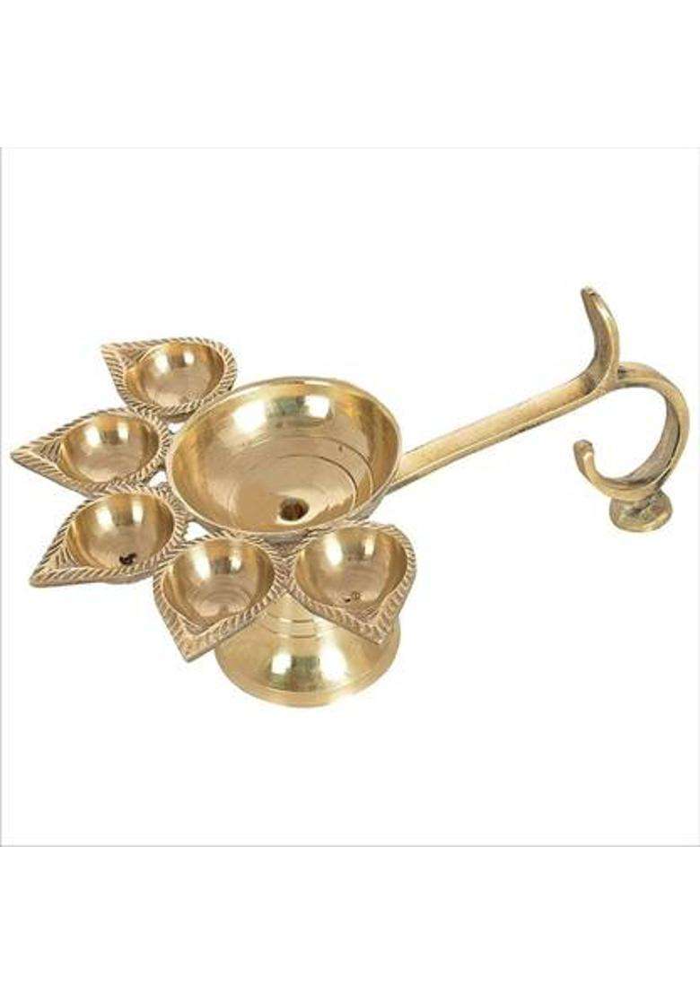 Navyaksh Decrative Panch Deepak Aarti Diya With Brass Pooja Bell/Ghanti Set Of 2 Pcs Fiv (Pack 2) Table (Height 2.8 Inch) - Indya