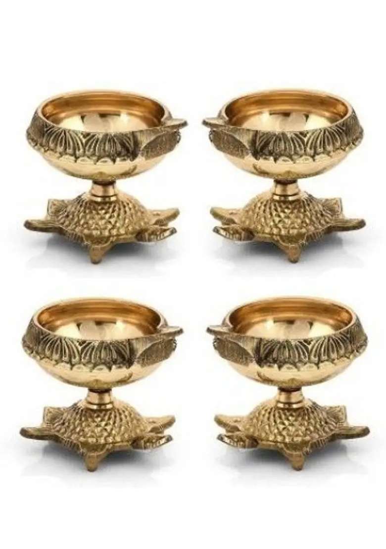 Navyaksh 1 Pcs Classic Round Pure Brass Paro Pyali Diya (Pack Of 4) Table Set (Height 2.25 Inch) - Indya