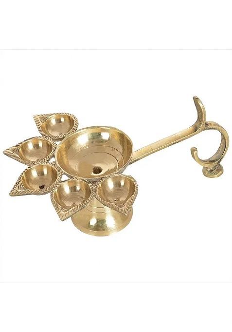 Navyaksh Decrative Panch Deepak Aarti Diya With Brass Pooja Bell/Ghanti Set Of 2 Pcs Fiv (Pack 2) Table (Height 2.8 Inch)