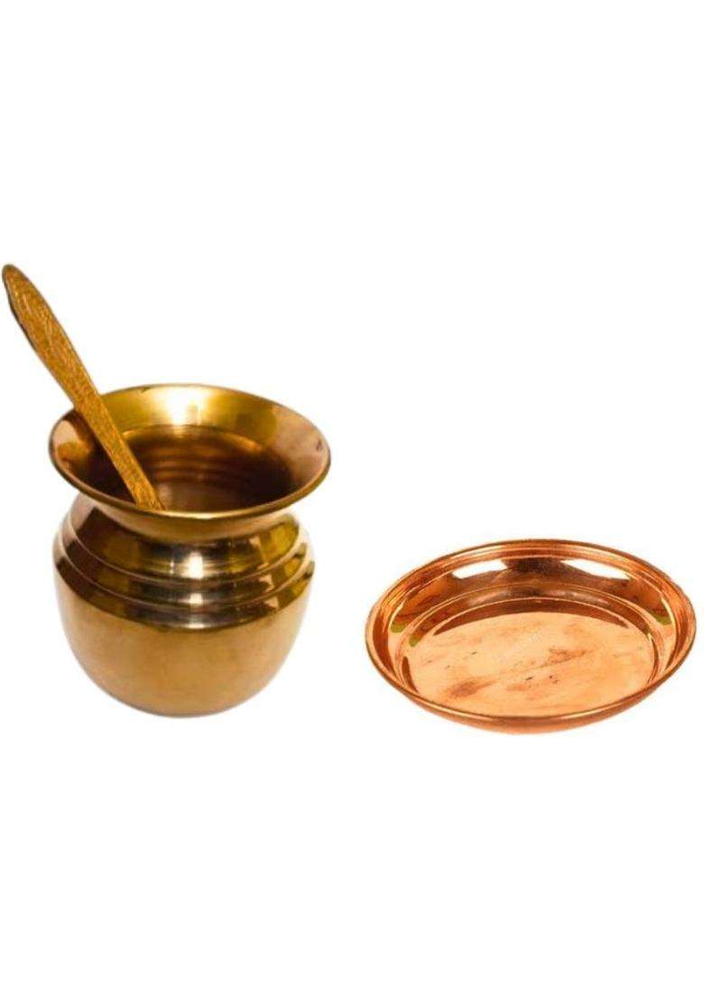 Sri Seenivas Traders Pure Copper Achaman Set Panchapatra With Spoon & Plate For Pooja Kalash (Brown) - Indya
