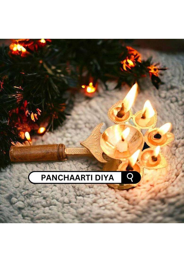 Daridra Bhanjan Panch Aarti Lamp Pancharti Diya Oil Mukhi Deepak Brass Table (Height 3 Inch) - Indya