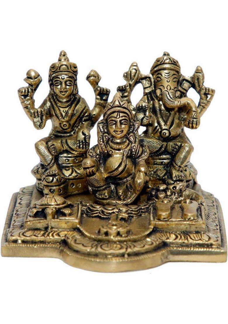 Neo Classic Laxmi Ganesh Kuber Ji Shri Dhan Laxmi Kuber Yantra For Diwali Puja Height- 3 Decorative Showpiece - 7.5 Cm(Brass Gold) - Indya