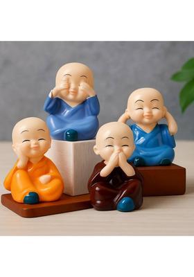 Cw Set Of 4 Monk Buddha Home Office & Car Decor Resin Idol Set Decorative Showpiece - 10 Cm(Polyresin Multicolor)