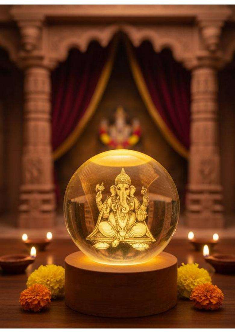 Ganesha 3D Crystal Ball Night Lamp Ganesh Ji Home Decor & Gift For Men/Women Decorative Showpiece - 8 Cm(Crystal Multicolor) - Indya