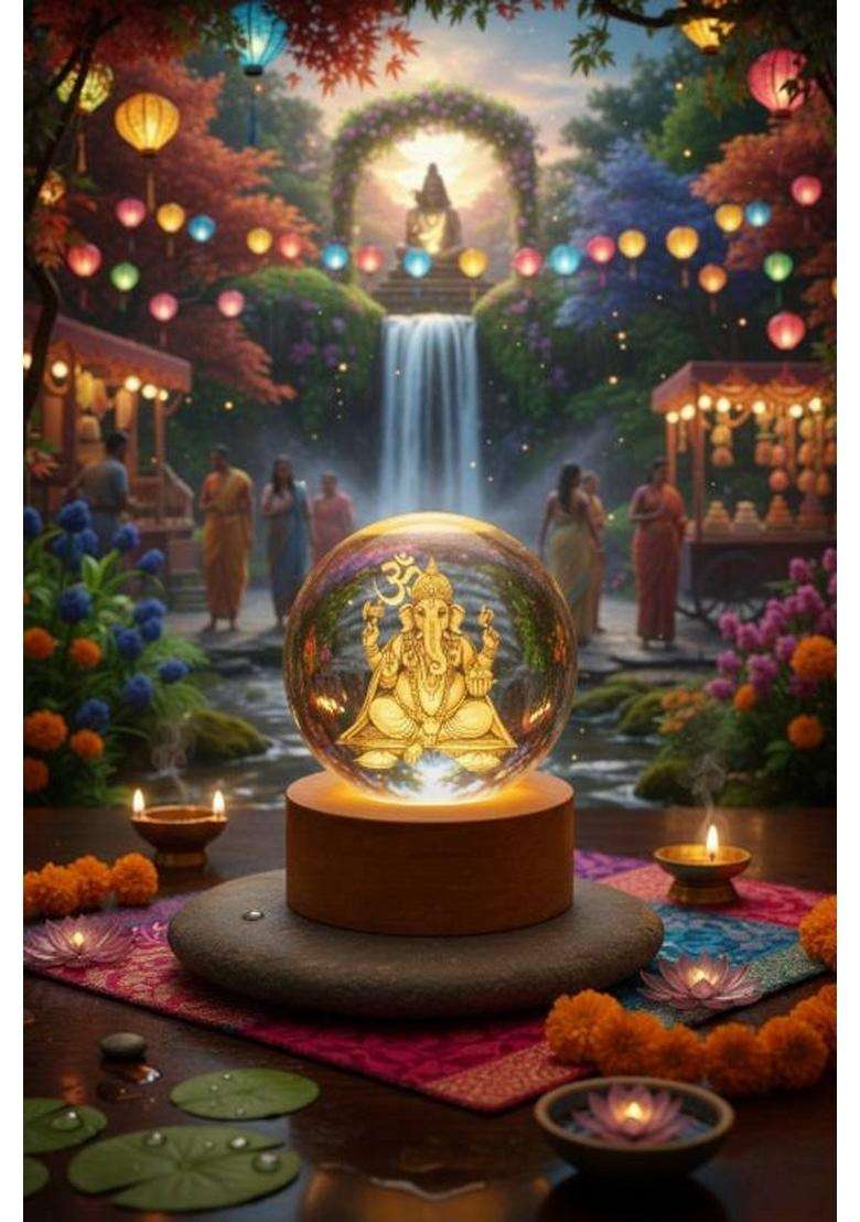 Ganesha 3D Crystal Ball Night Lamp Ganesh Ji Home Decor & Gift For Men/Women Decorative Showpiece - 8 Cm(Crystal Multicolor) - Indya