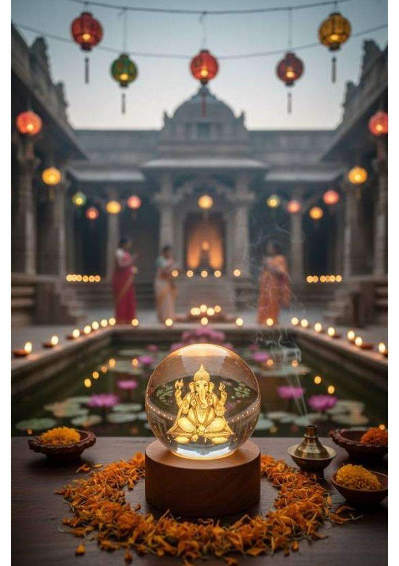 Ganesha 3D Crystal Ball Night Lamp Ganesh Ji Home Decor & Gift For Men/Women Decorative Showpiece - 8 Cm(Crystal Multicolor) - Indya