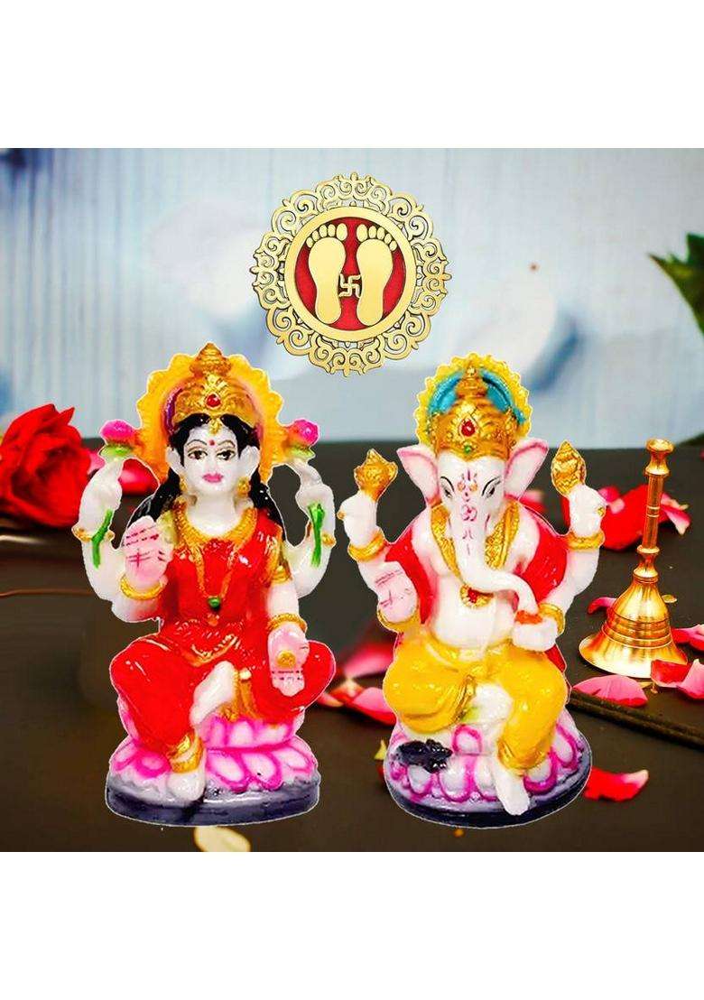 Noktus Laxmi Ganesh Showpiece Set With 1 Set Laxmi Ji Feet (Charan) Decorative Showpiece - 12 Cm(Polyresin Multicolor) - Indya