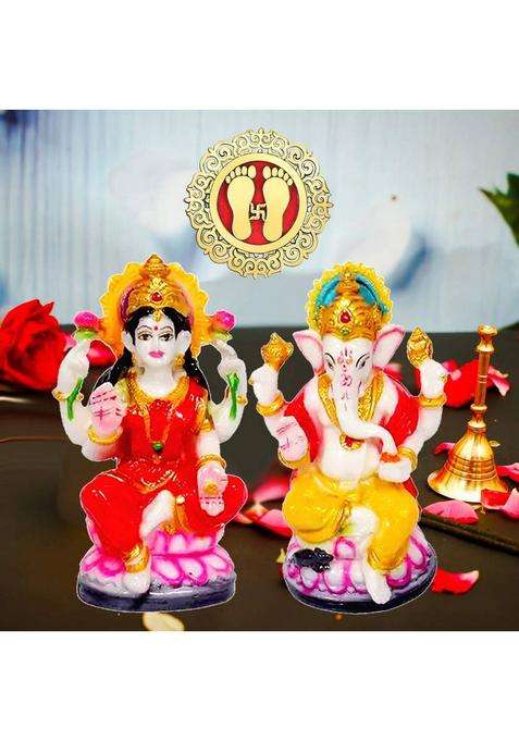 Noktus Laxmi Ganesh Showpiece Set With 1 Set Laxmi Ji Feet (Charan) Decorative Showpiece - 12 Cm(Polyresin Multicolor)