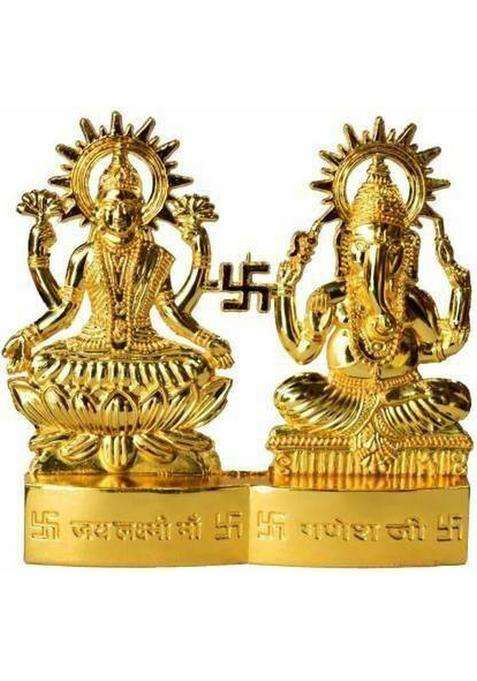 Karishma Kreations Laxmi Ganesh Ji - Metal Gold Plated Especially For Diwali Decorative Showpiece Decorative Showpiece - 10 Cm(Brass Gold)