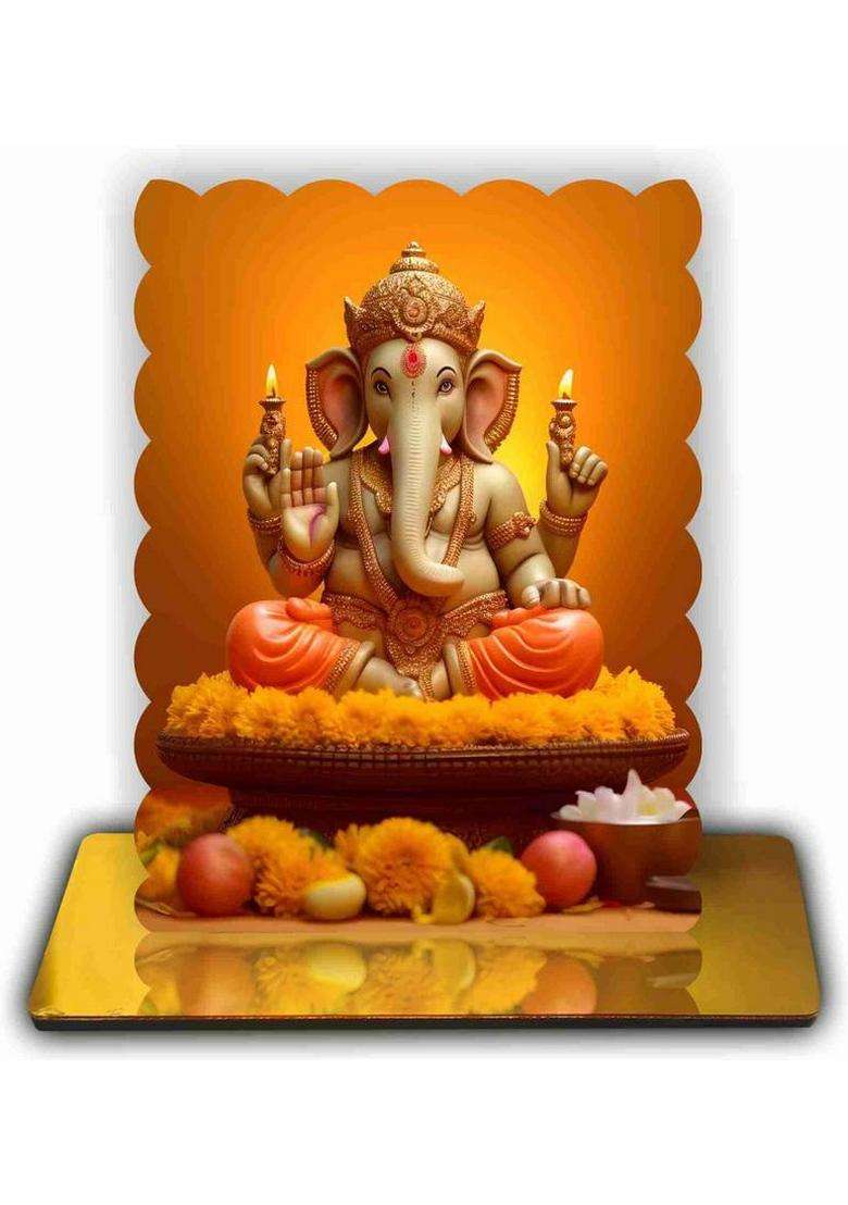 Art End P24 Photo Ganpati Idol Table Standy Home And Office Pooja Room (4.75X5.5 Inch) Decorative Showpiece - 13.5 Cm(Wood Orange) - Indya