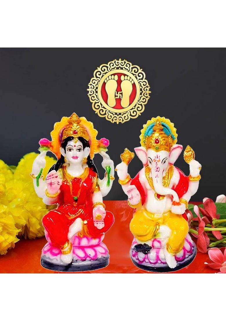 Noktus Combo Of 2 1 Set Laxmi Ganesh Showpiece 1 Set Laxmi Ji Feet (Charan) Decorative Showpiece - 12 Cm(Polyresin Multicolor) - Indya