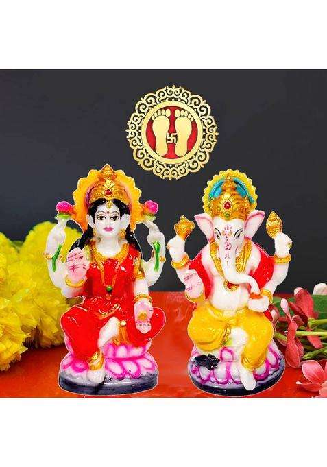 Noktus Combo Of 2 1 Set Laxmi Ganesh Showpiece 1 Set Laxmi Ji Feet (Charan) Decorative Showpiece - 12 Cm(Polyresin Multicolor)