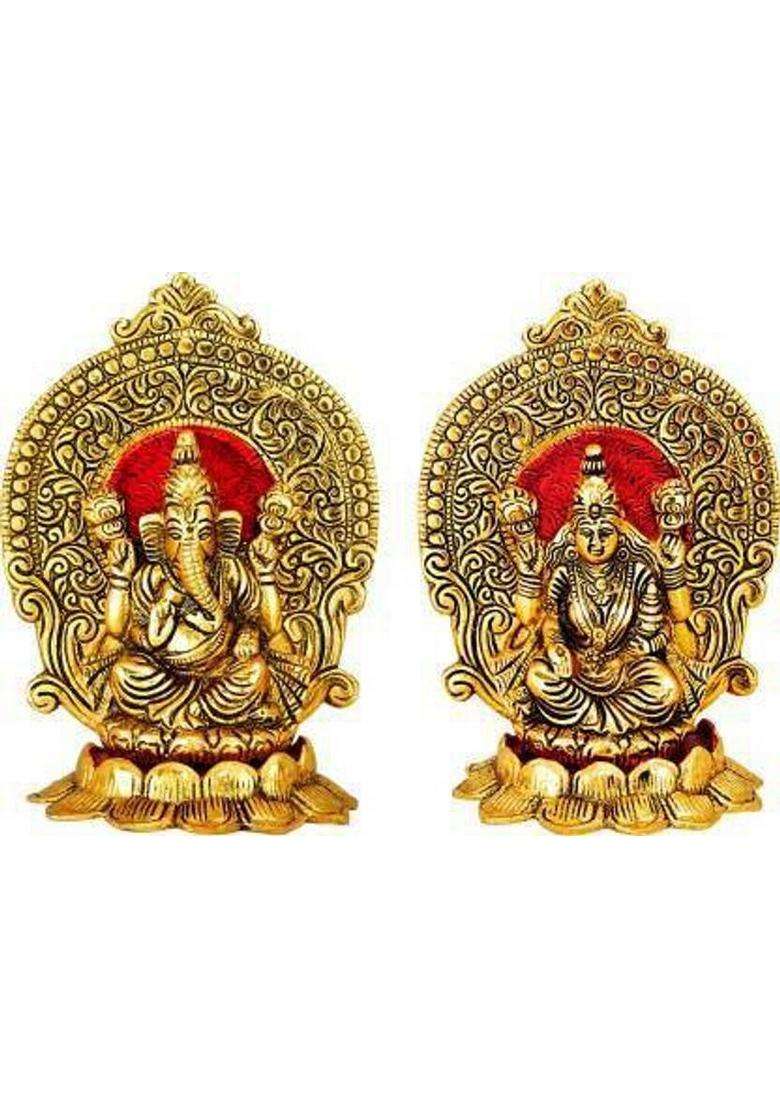 Devcrafts Brass Statue/Murti/Figure Lord Laxmi Ganesh Ji Set Gold Plated Decorative Showpiece - 17 Cm (Brass Gold) Decorative Showpiece - 17 Cm(Brass Gold) - Indya