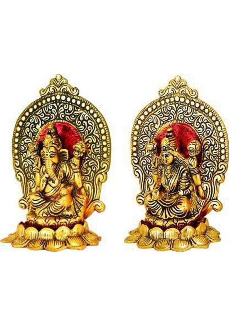 Devcrafts Brass Statue/Murti/Figure Lord Laxmi Ganesh Ji Set Gold Plated Decorative Showpiece - 17 Cm (Brass Gold) Decorative Showpiece - 17 Cm(Brass Gold) - Indya