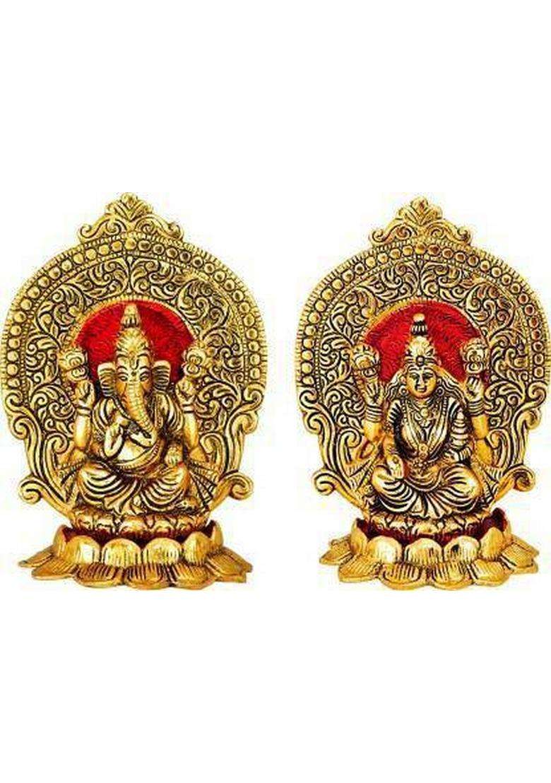 Devcrafts Brass Statue/Murti/Figure Lord Laxmi Ganesh Ji Set Gold Plated Decorative Showpiece - 17 Cm (Brass Gold) Decorative Showpiece - 17 Cm(Brass Gold) - Indya