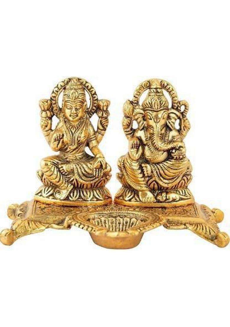 Shilpacharya Handicrafts Metal Oxidized Laxmi Ganesh Ji Choki With Diya Decorative Showpiece - 10 Cm(Brass Gold) - Indya