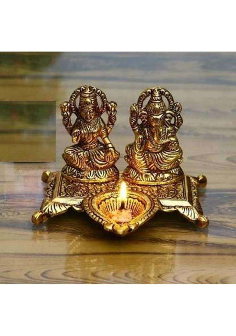 Shilpacharya Handicrafts Metal Oxidized Laxmi Ganesh Ji Choki With Diya Decorative Showpiece - 10 Cm(Brass Gold) - Indya