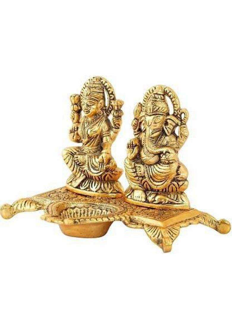 Shilpacharya Handicrafts Metal Oxidized Laxmi Ganesh Ji Choki With Diya Decorative Showpiece - 10 Cm(Brass Gold) - Indya