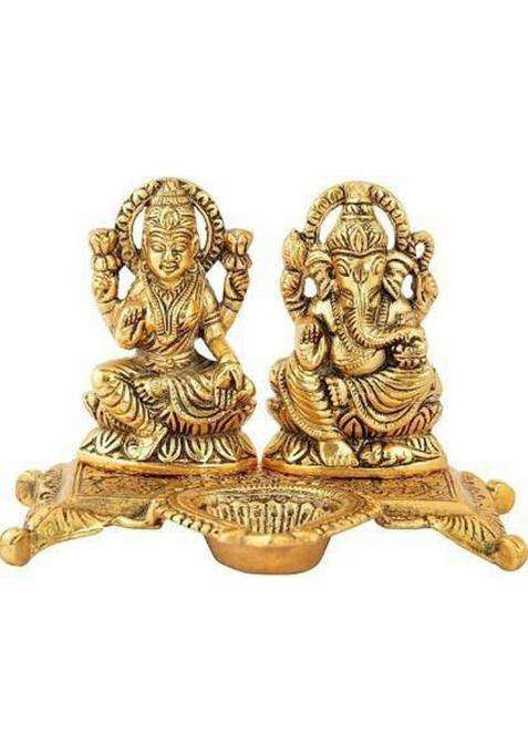 Shilpacharya Handicrafts Metal Oxidized Laxmi Ganesh Ji Choki With Diya Decorative Showpiece - 10 Cm(Brass Gold)