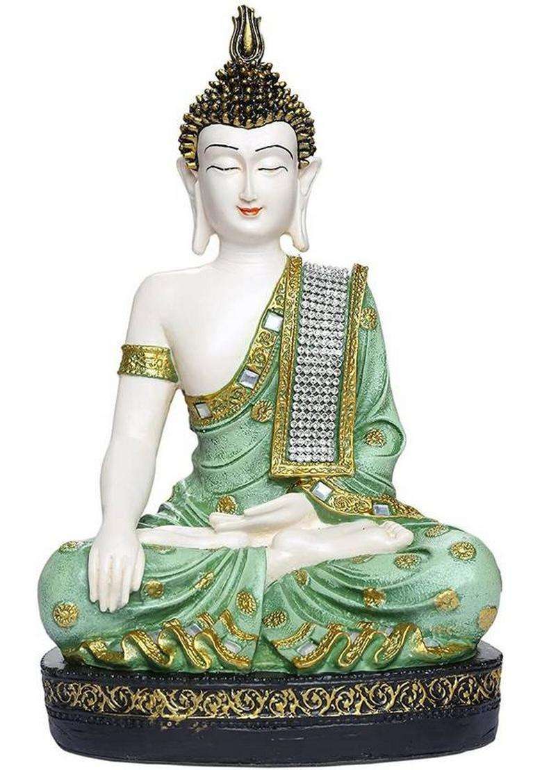 Shree Ram Impex Polyresin Sitting Buddha Idol Statue Showpiece For Home Decor White And Green Decorative Showpiece - 27 Cm(Polyresin Green) - Indya