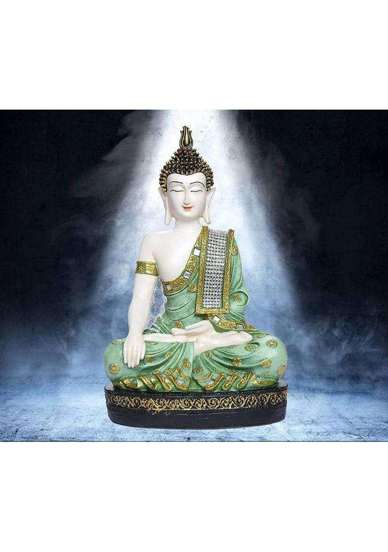 Shree Ram Impex Polyresin Sitting Buddha Idol Statue Showpiece For Home Decor White And Green Decorative Showpiece - 27 Cm(Polyresin Green) - Indya