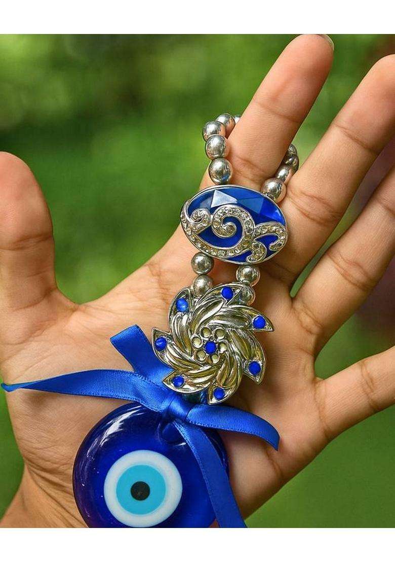 Sculpmart Evil Eye Hanging With Flower Design & Big Stone For Home Entrance & Protection Decorative Showpiece - 17 Cm(Metal Blue) - Indya