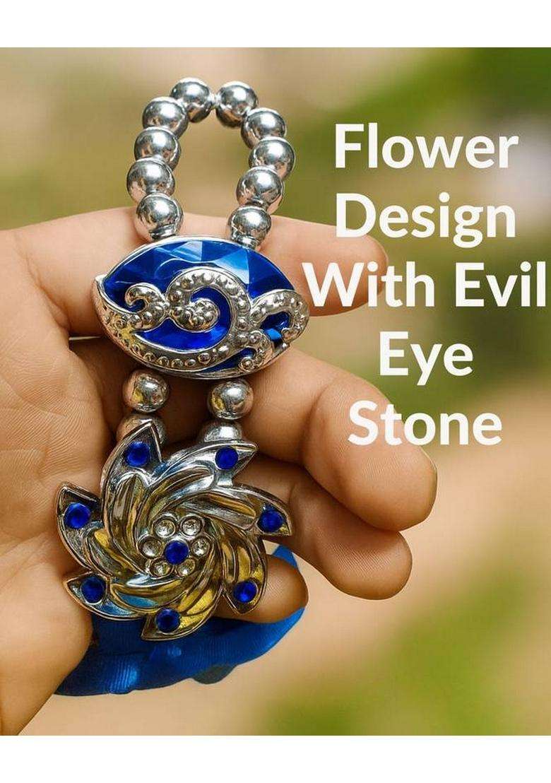 Sculpmart Evil Eye Hanging With Flower Design & Big Stone For Home Entrance & Protection Decorative Showpiece - 17 Cm(Metal Blue) - Indya