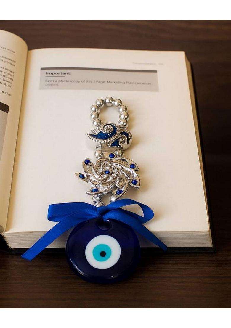 Sculpmart Evil Eye Hanging With Flower Design & Big Stone For Home Entrance & Protection Decorative Showpiece - 17 Cm(Metal Blue) - Indya