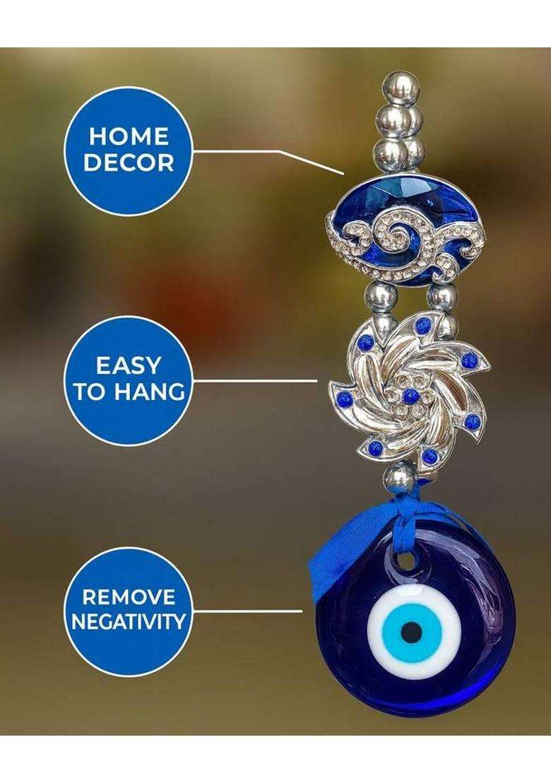 Sculpmart Evil Eye Hanging With Flower Design & Big Stone For Home Entrance & Protection Decorative Showpiece - 17 Cm(Metal Blue) - Indya