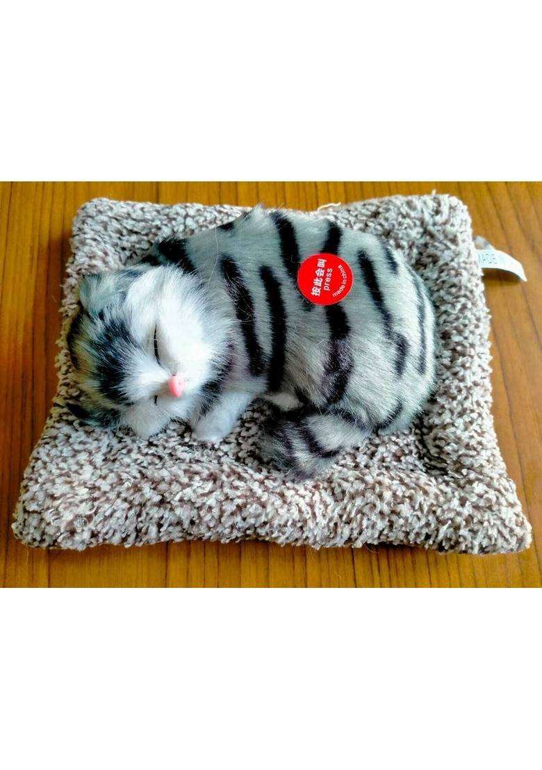 Srphere Car Dashboard Sleeping Cat Big Plush Toy Figurines Showpiece 18Cm Decorative Showpiece - 10 Cm(Plastic Fabric Grey White Black) - Indya